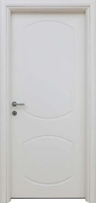 White painted MDF door with two moulded panels with arched edges