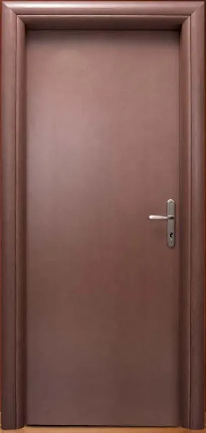 Flush mahogany-tone veneered door with rounded architraves and a long-plate lever handle