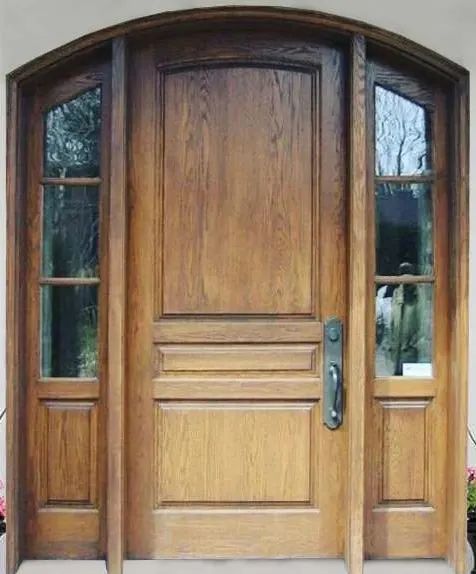 Natural oak-tone single entrance door with two glazed sidelights under a segmental arched frame, dark grip handle