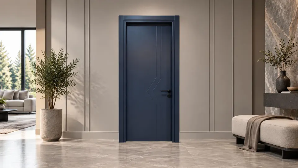 Navy blue painted flush door with angled grooves, in a hall with an olive tree and a bench