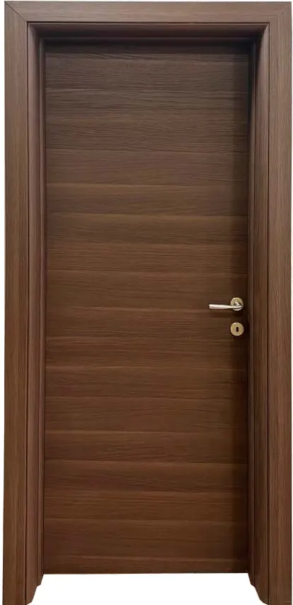 Flush CPL room door in dark brown with horizontal wood grain and a chrome lever
