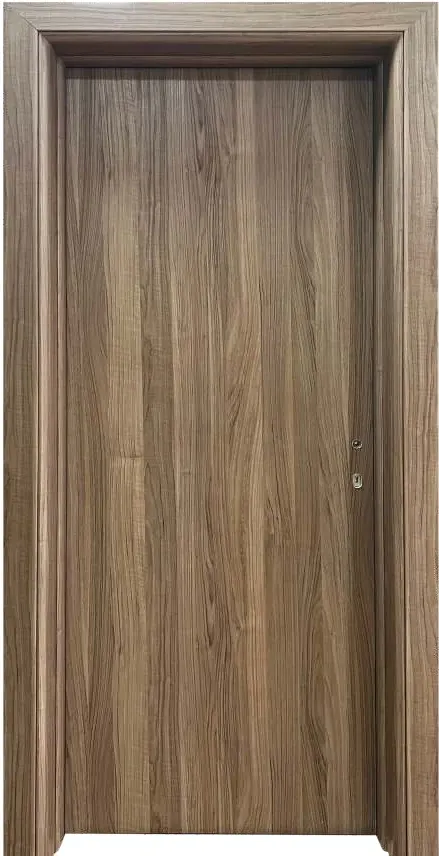 Flush CPL room door in light brown with bold vertical wood grain, shown without a handle